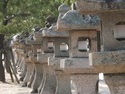 A row of spirit houses along the ocean in miyajima