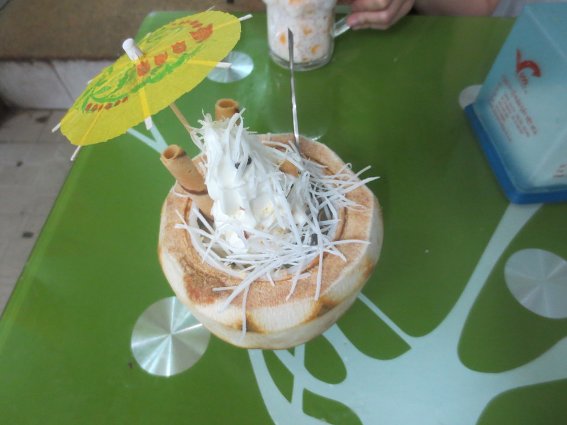 Coconut ice cream in coconut dish