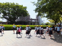 Japanese school children with their yellow hats at hiroshima epicenter