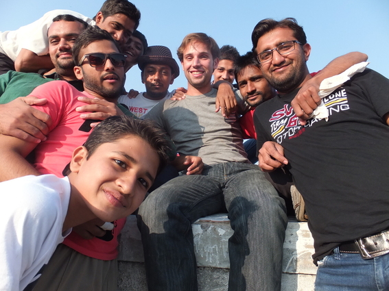 Me and a bunch of young Indian men on a roof in Ahmedabad