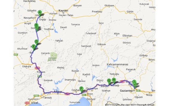 My hitchhiking route from Cappadocia to Gaziantep