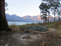 This was the view past my den the second night on Mt. Rinjani. Beautiful view of the lake and a nice fire to keep warm and ward of predators.